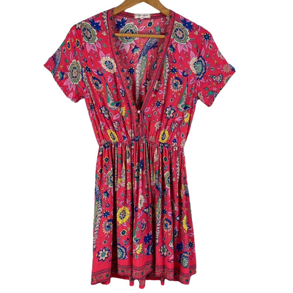 FREE PEOPLE Home Made Vintage Red/Floral Short Sleeve Dress Size Large